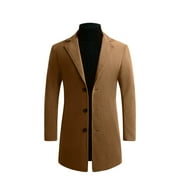 UTTOASFAY Fall/Winter New Style Plus Cotton Solid Color Woolen Lapel Men'S Overcoat Jacket Khaki 12(XXL)